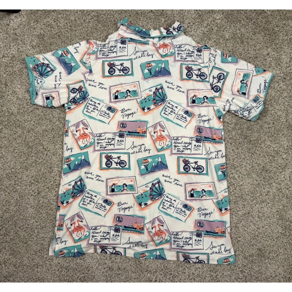 Munki Munki Womens Pajama Set L Blue Postcard Travel Print Button Top Crop Pants
